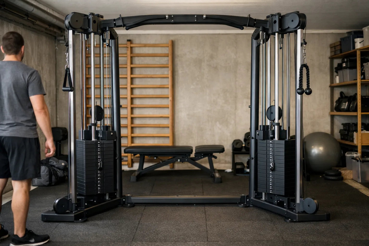Kabelstation med två viktstackar i ett garagegym.