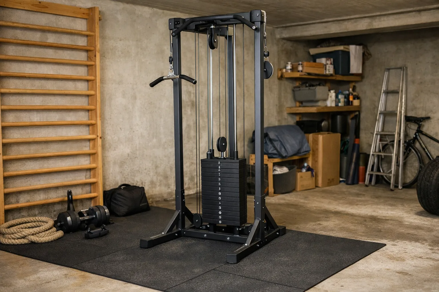 Enkel kabelmaskin med en viktstack i ett garagegym.