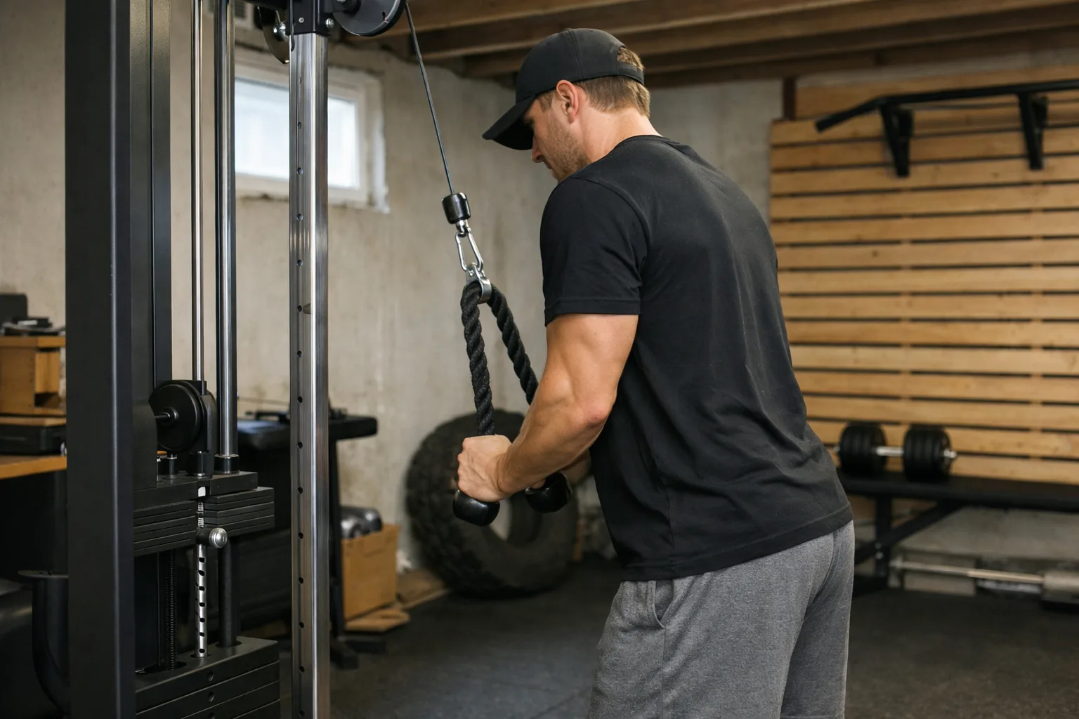 Person från sidan gör triceps pushdown vid en kabelmaskin.