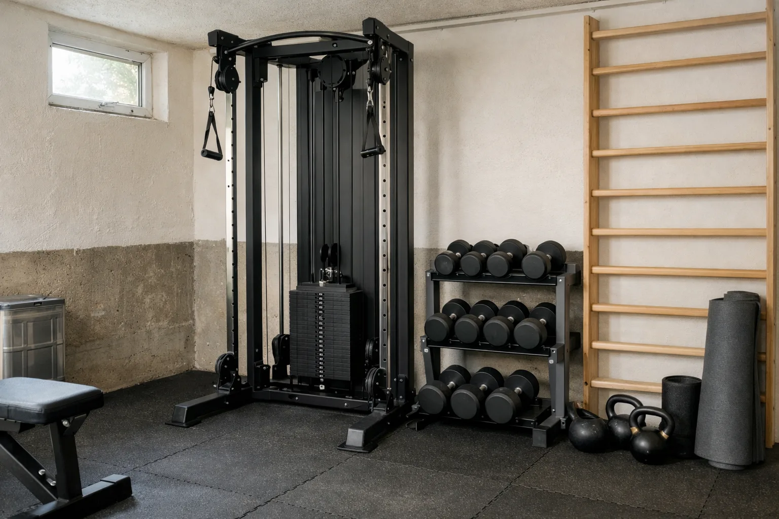 Kabelmaskin med viktstack i ett källargym.