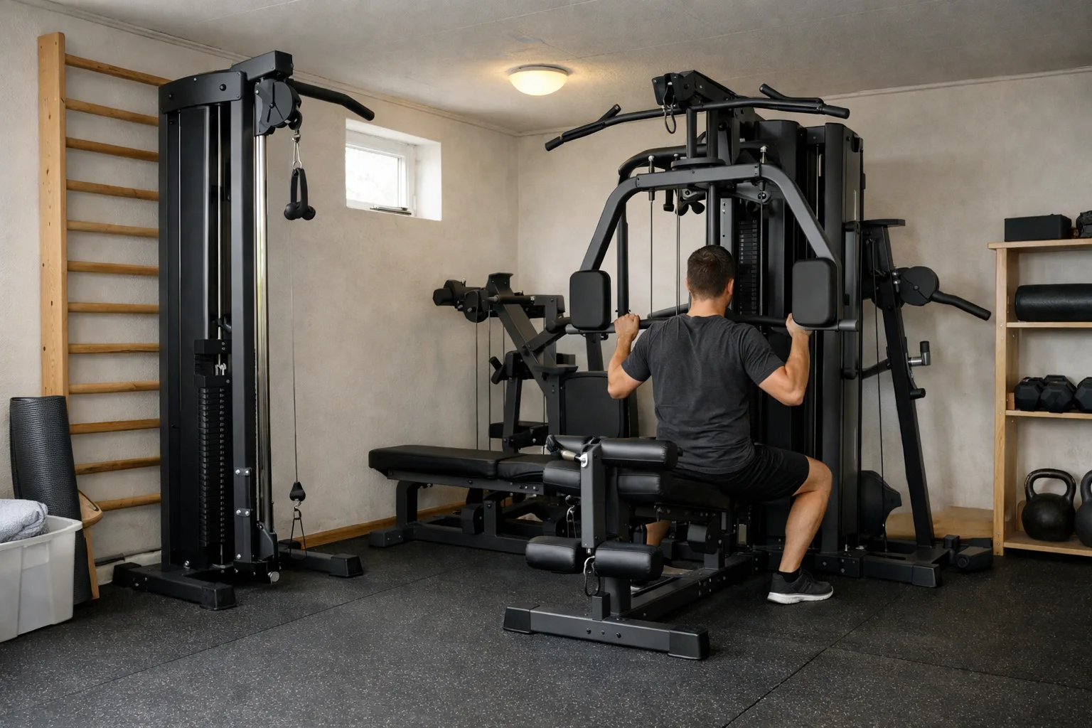 Kabeltorn och multigym jämförda sida vid sida i ett hemmagym.