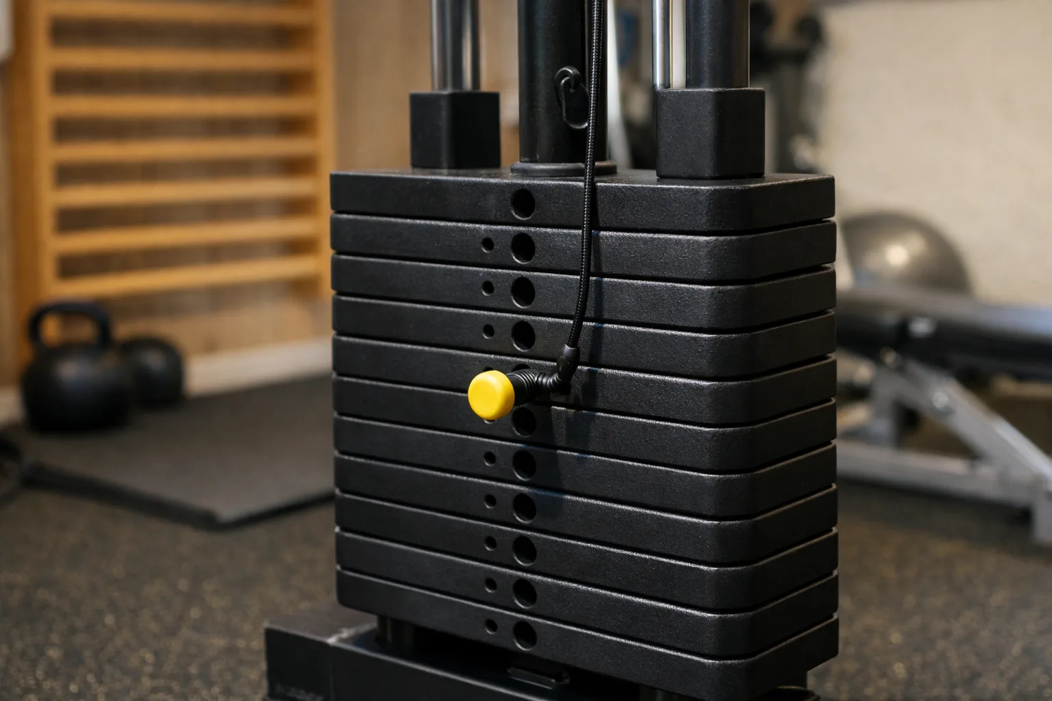 Viktstack med stift och kabel i en kabelmaskin.