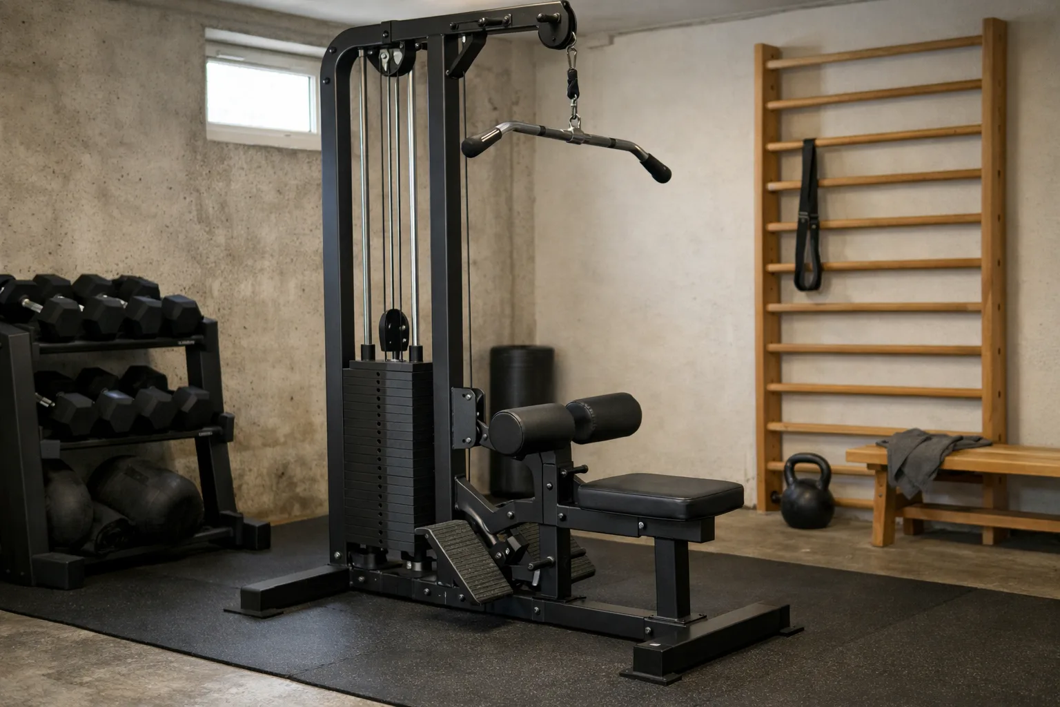 Latsdrag- och roddstation med sittplatta i ett källargym.